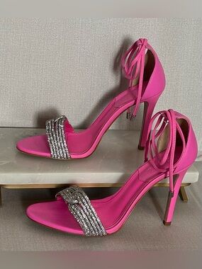SCHUTZ Women Sz9 Andy Pink Heels W/ Rhinestone Detail & Ankle Wrap Straps